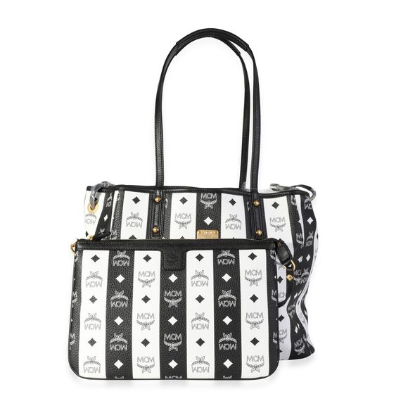 MCM Black & White Striped Visetos Large Reversible Tote - Picture 1 of 7